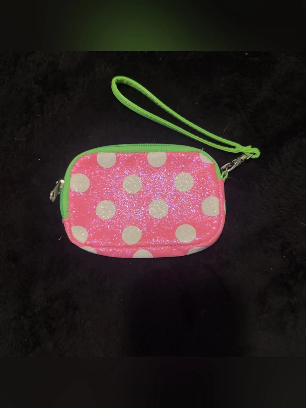 Justice Pink Glitter Polka Dot Wristlet purse with Green 'C' Accent